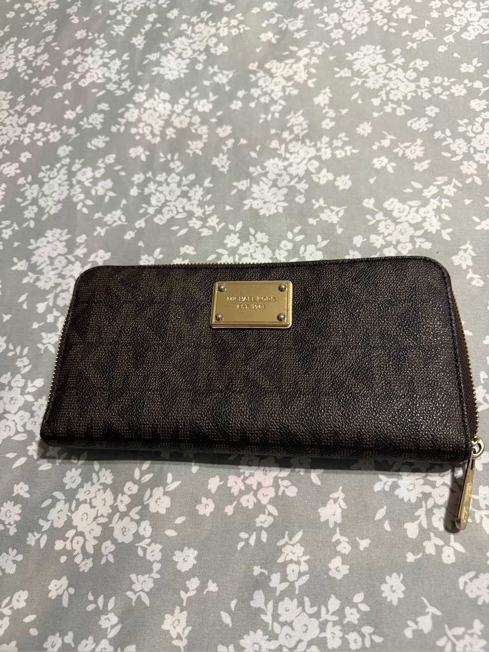 Michael Kors Dark Brown Signature Zip Wallet with Gold Plaque